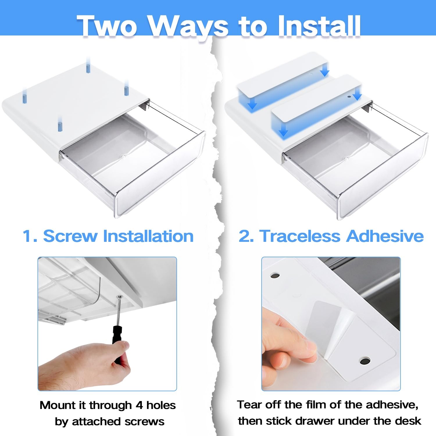 2 PCS White SelfAdhesive Under Desk Drawer Large Slide Out Hidden Tray