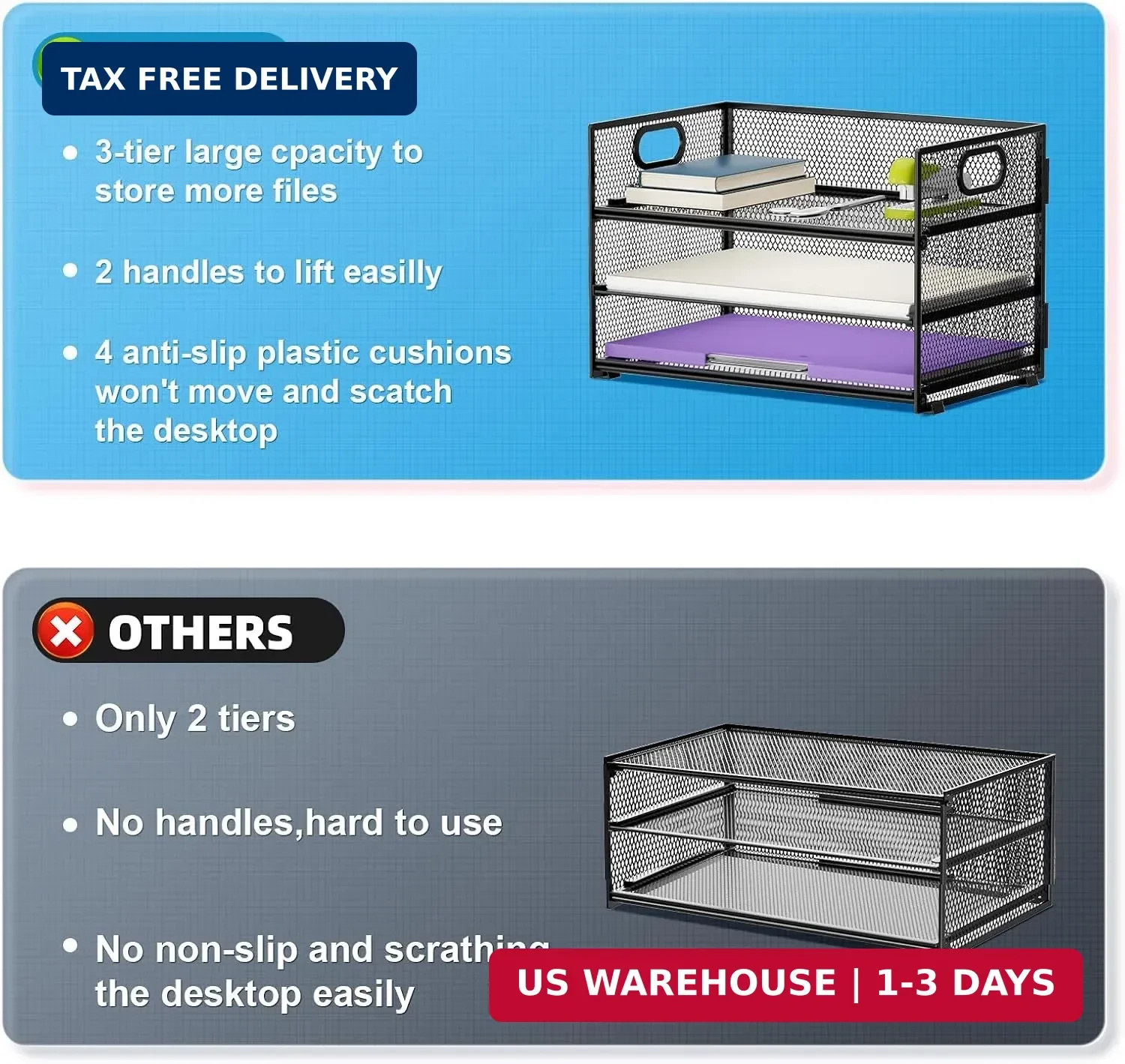 Marbrasse 3 Tier Paper Organizer Letter Tray, Mesh File Organizer with Handle, P
