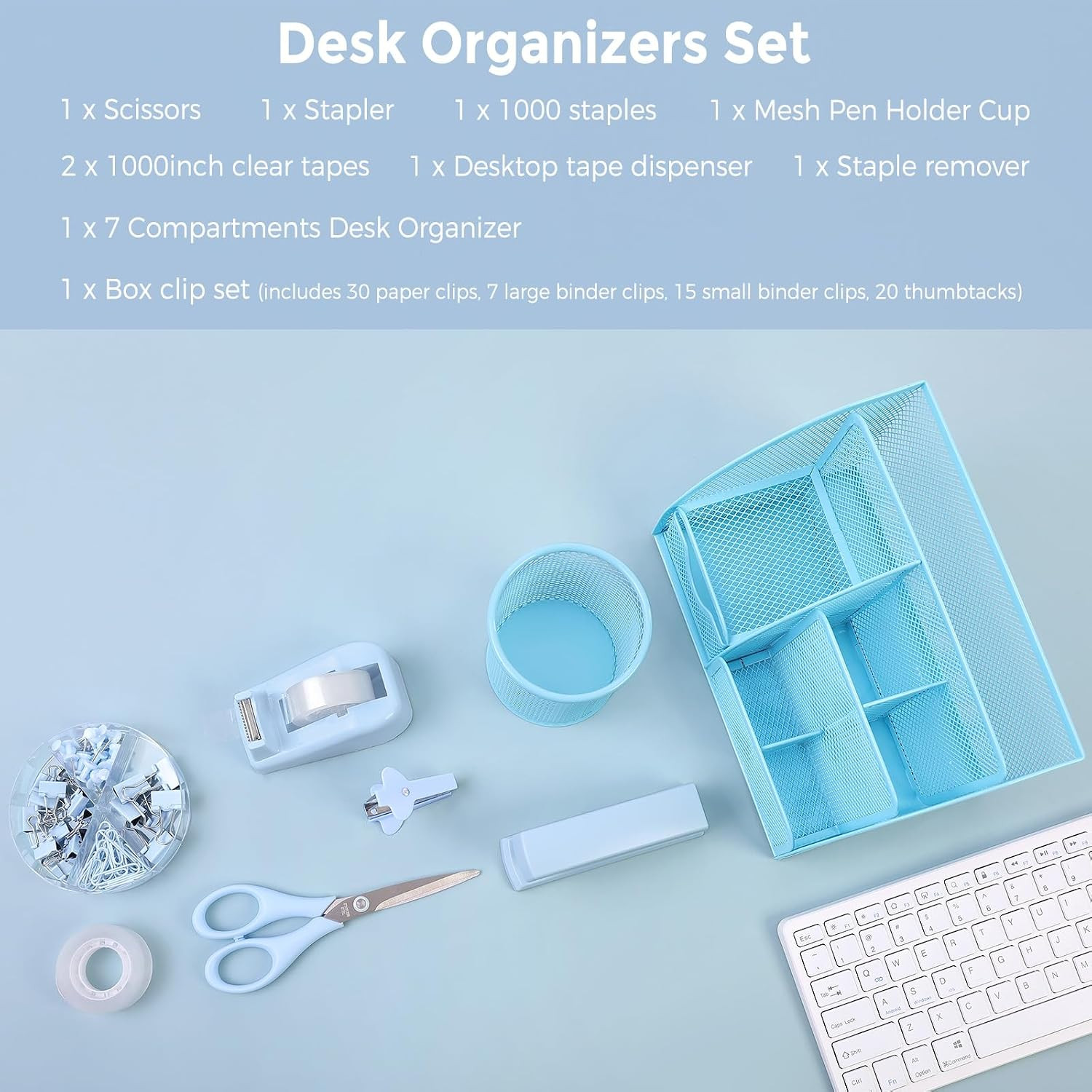 Blue Office Supplies Set, Office Desk Accessories, Mesh Desk Organizer, Stapler,