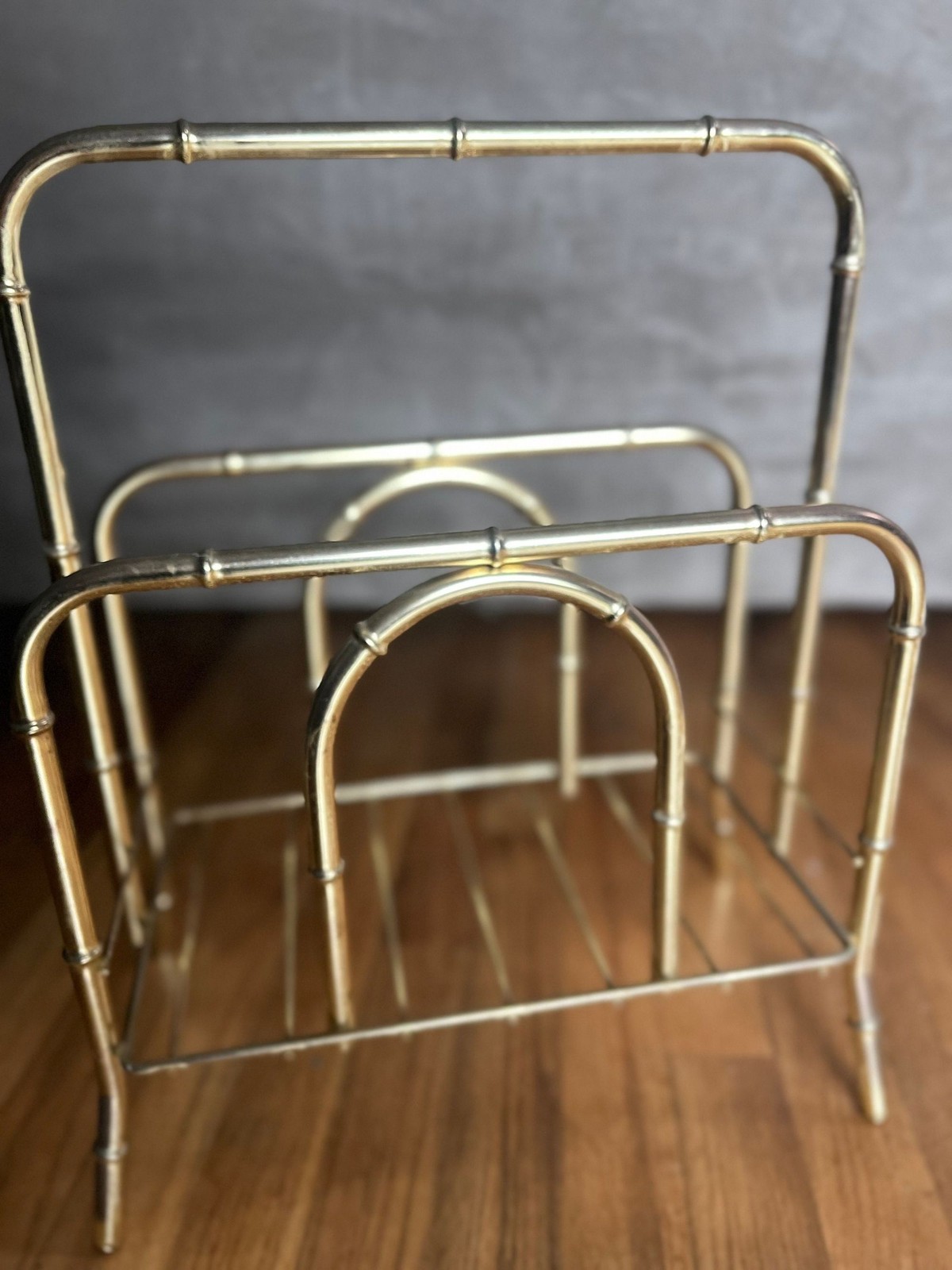 Vtg. Mcm Brass Tone Gold Metal Bamboo Magazine Holder Rack