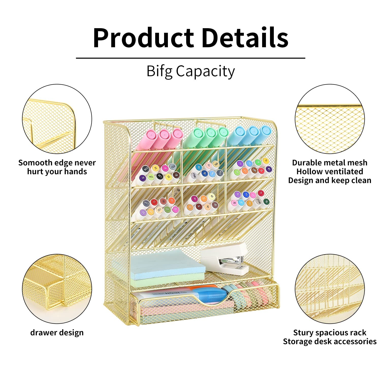 Spacrea Mesh Pen Organizer – Pencil Holder for Desk, Desk with Gold