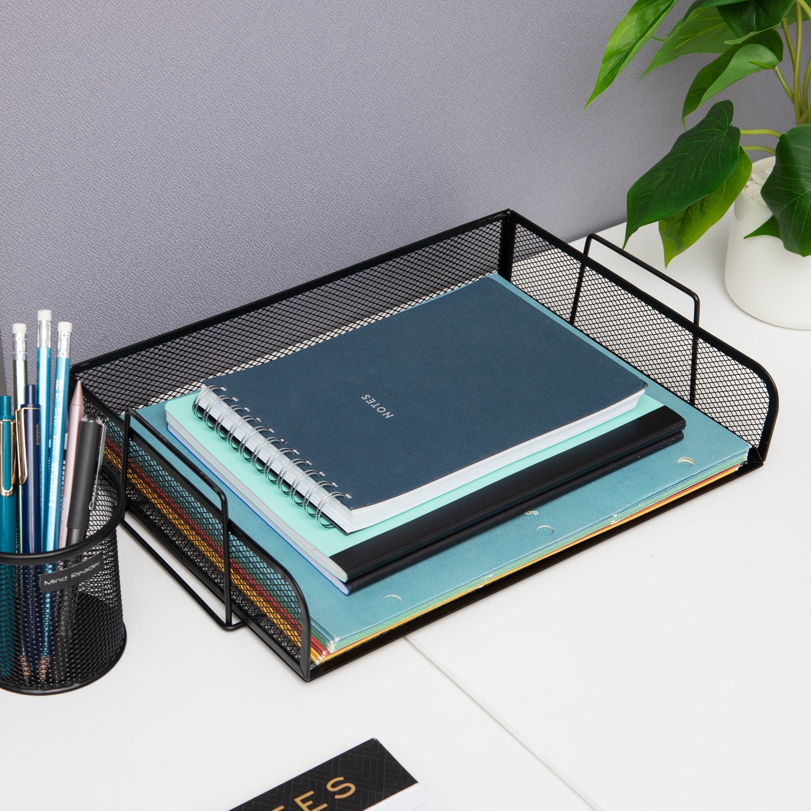 Mind Reader Stackable Paper Tray, Black, Metal Mesh, 4pc, Desktop Organizer