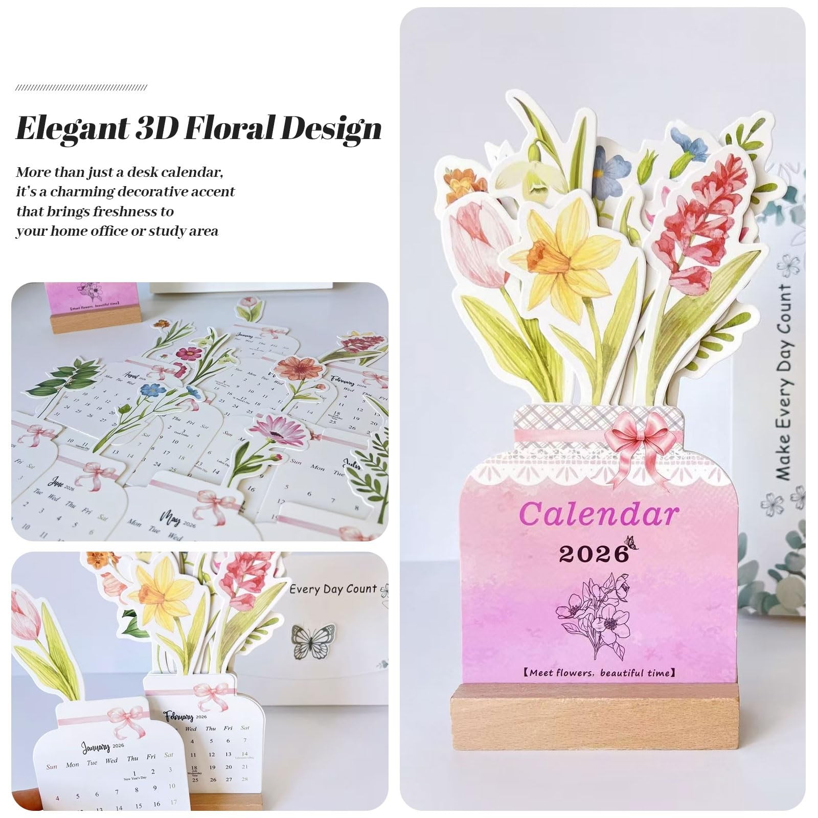 Bloomy Flowers 3D Floral Desk Calendar 2026, Pop Up 3.9″W x 8.5″H, white