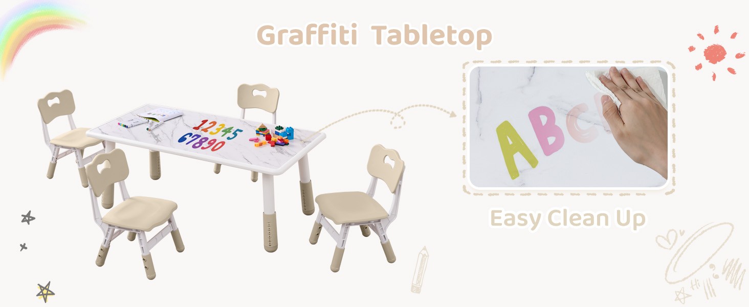 Toddler Table and 4 Chairs Set, Height Adjustable Kids Table and Chairs,