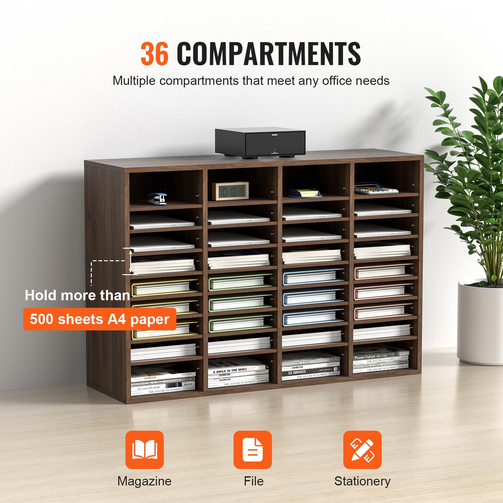 VEVOR Wood Literature Organizer Adjustable File Sorter 36 Compartments Brown
