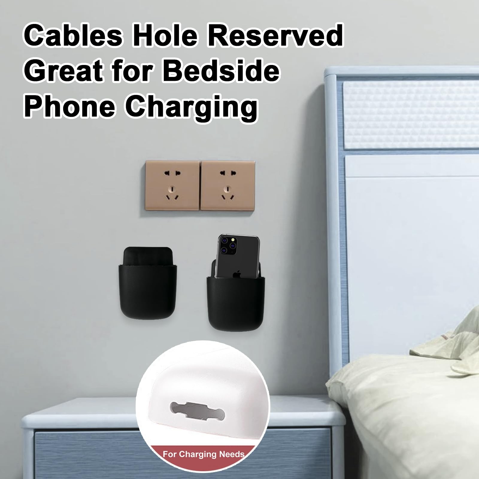 Wall Mount Charging Phone Holder Remote Control Storage Box, 3 Pack – Black