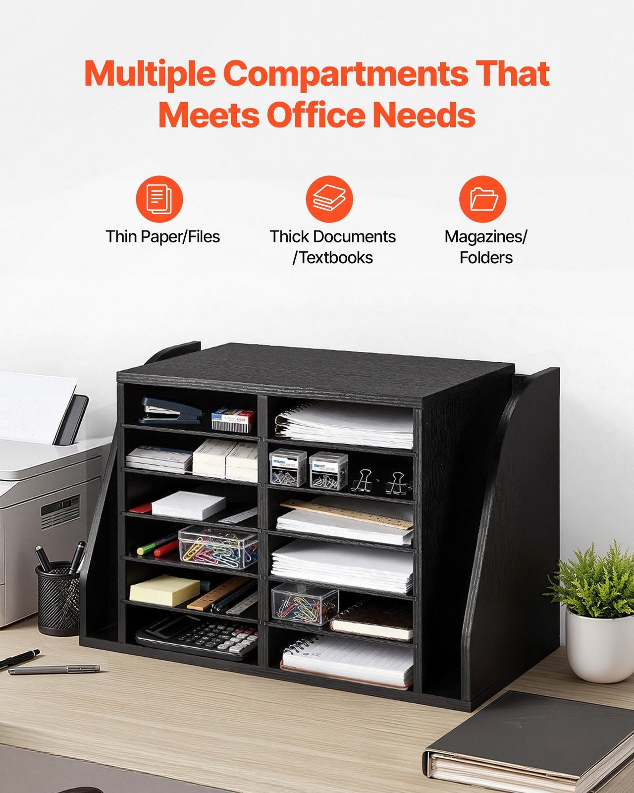 Desktop Literature Organizer – 12 Slot Wooden Sorter, Side Storage, Black Finish