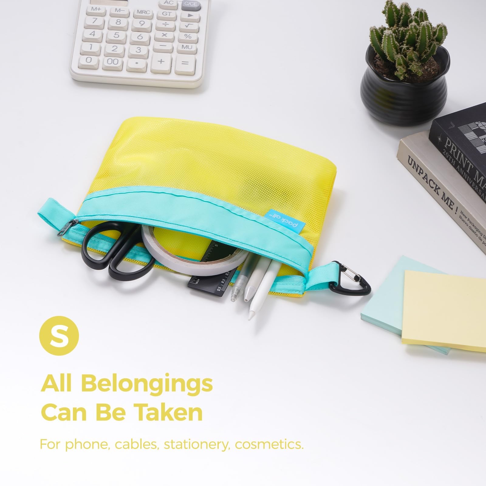 Waterresistant Mesh Zipper Bag For Storage Travel Office Small Yellow