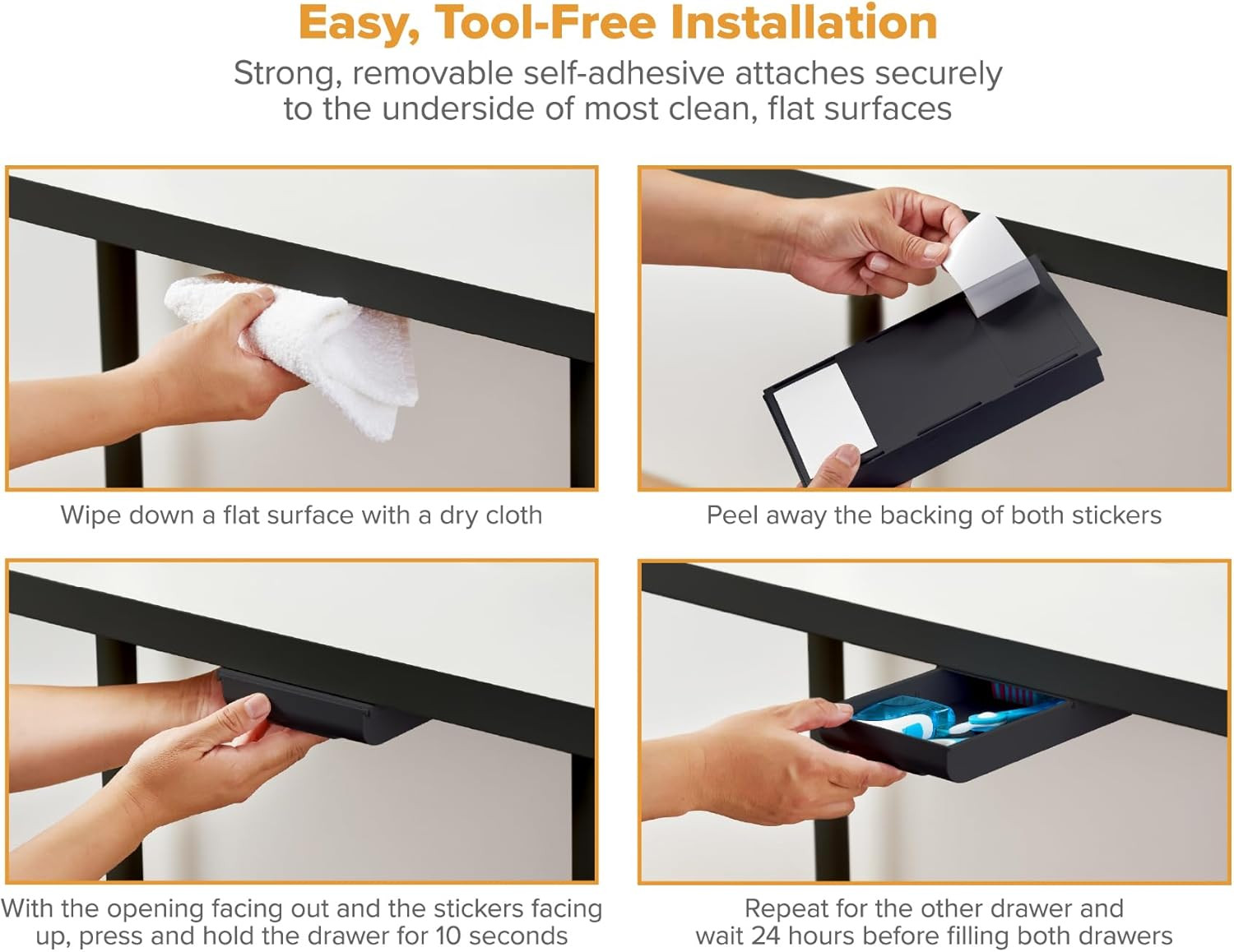 Konnect under Desk Drawer, Self-Adhesive Slide Out Storage Organizer with 4 Cust