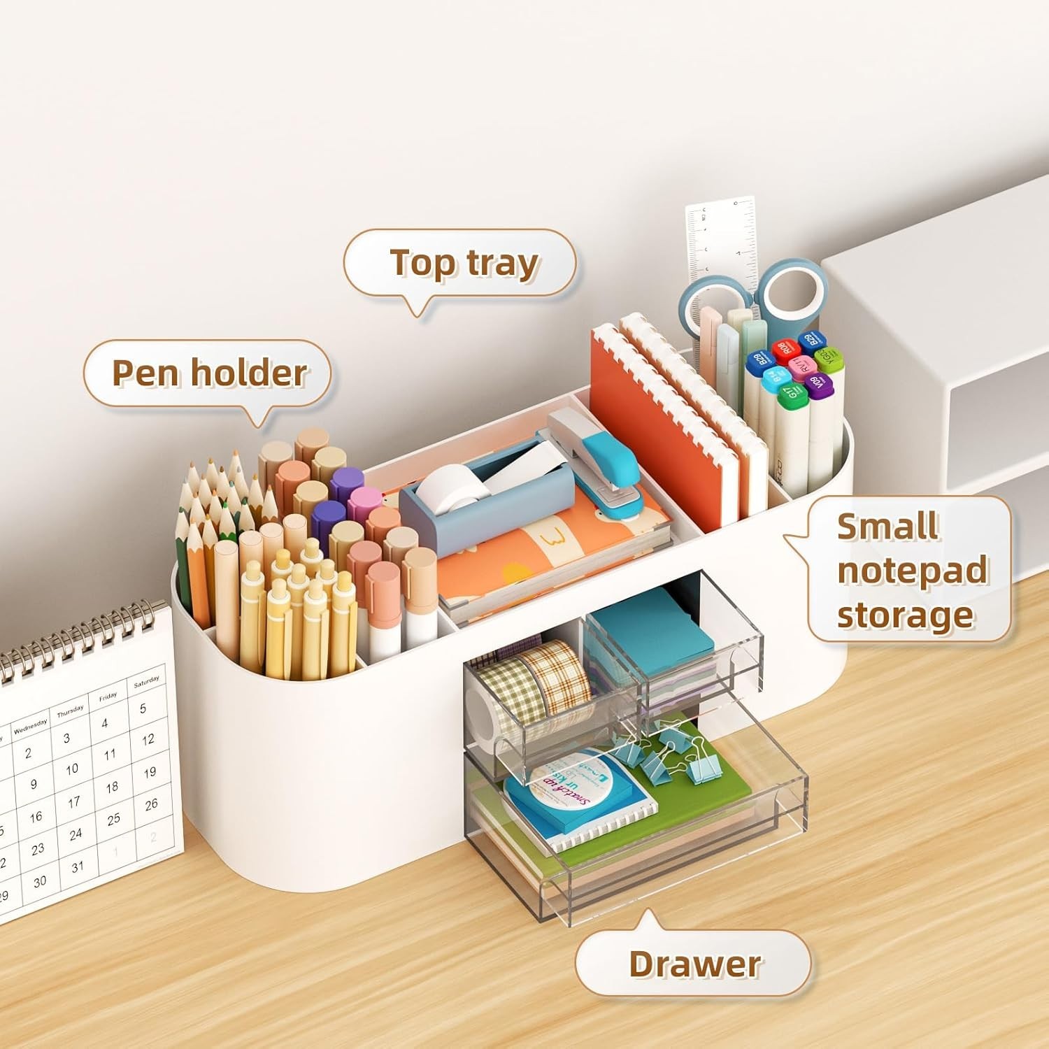 Desk Organizer Pen Holder for Desk with 3 Drawers, Multi-Functional Pencil Holde