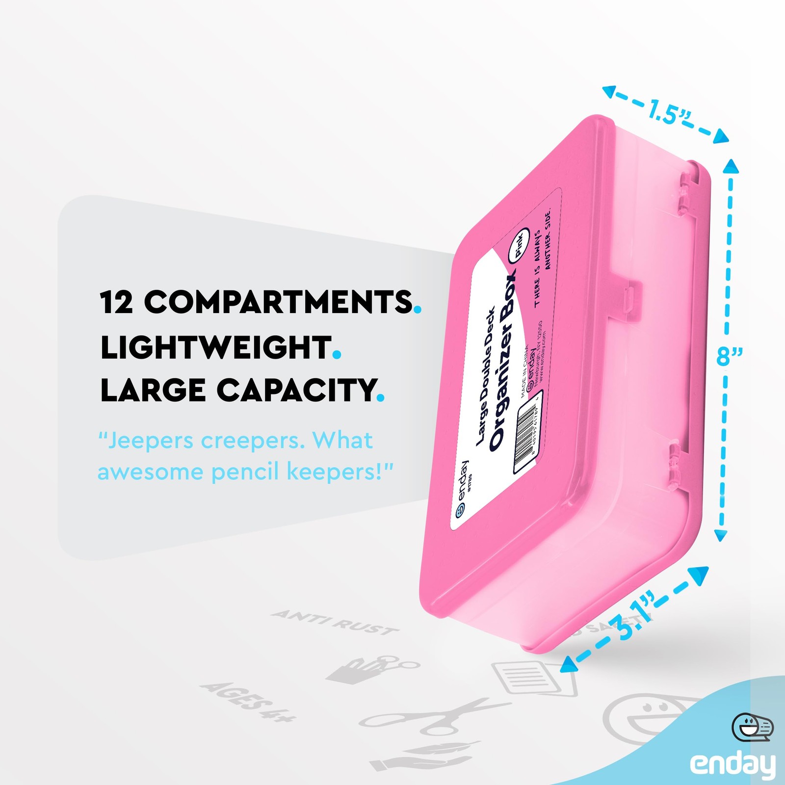 Large Plastic Pencil Box Double Layer Storage Case 12 Compartments Pink