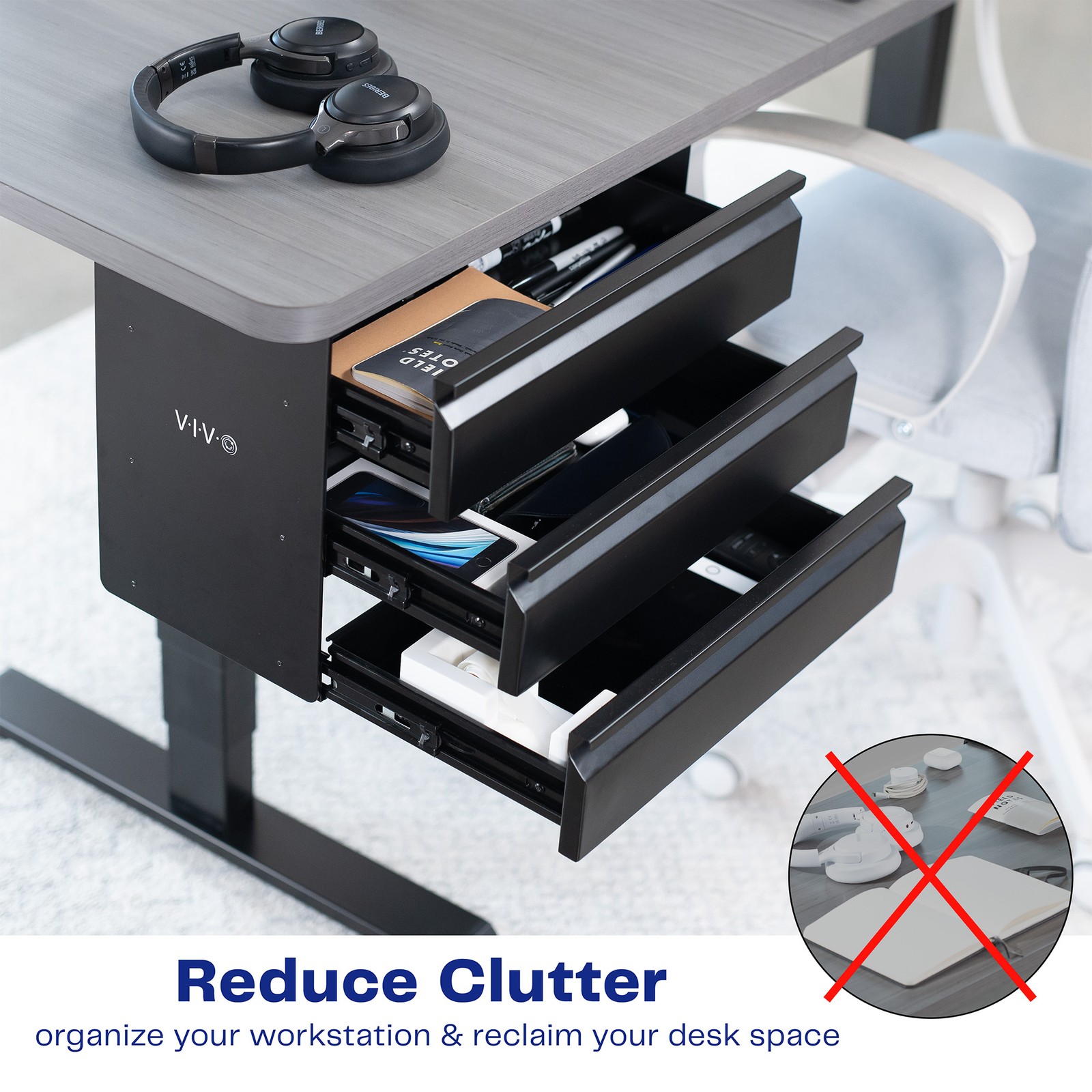 VIVO Black 3 Level 16″ Pull Out Under Desk Storage Drawer Set