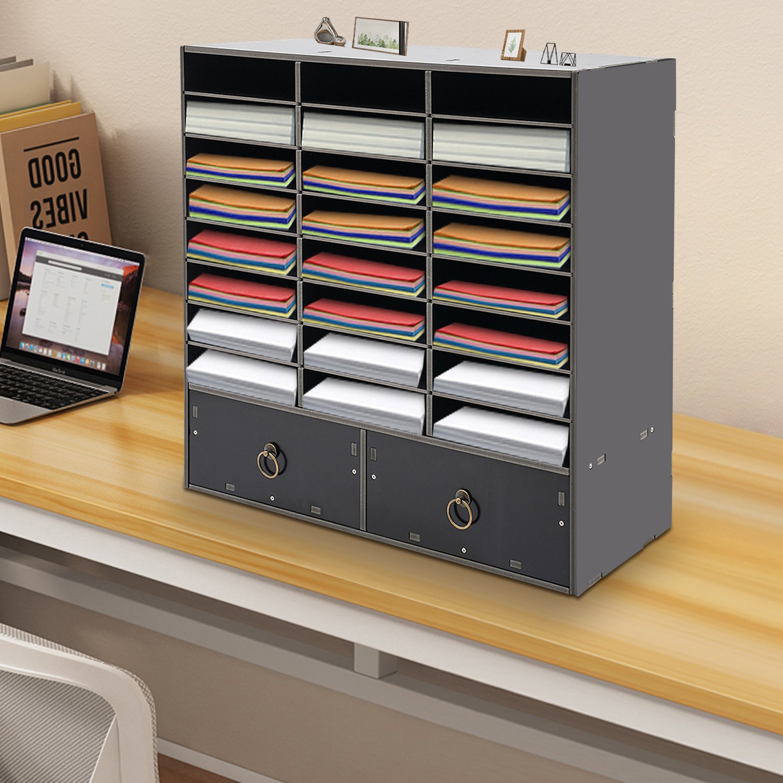 Paper and Mail Organizer, Storage Cabinet with 24 Compartments+2 Drawers Office