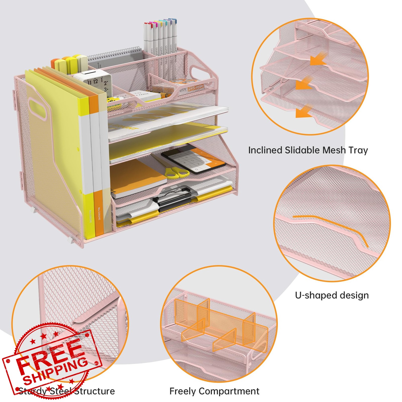 YINGHUA Pink 5 Tier Paper Tray Organizer