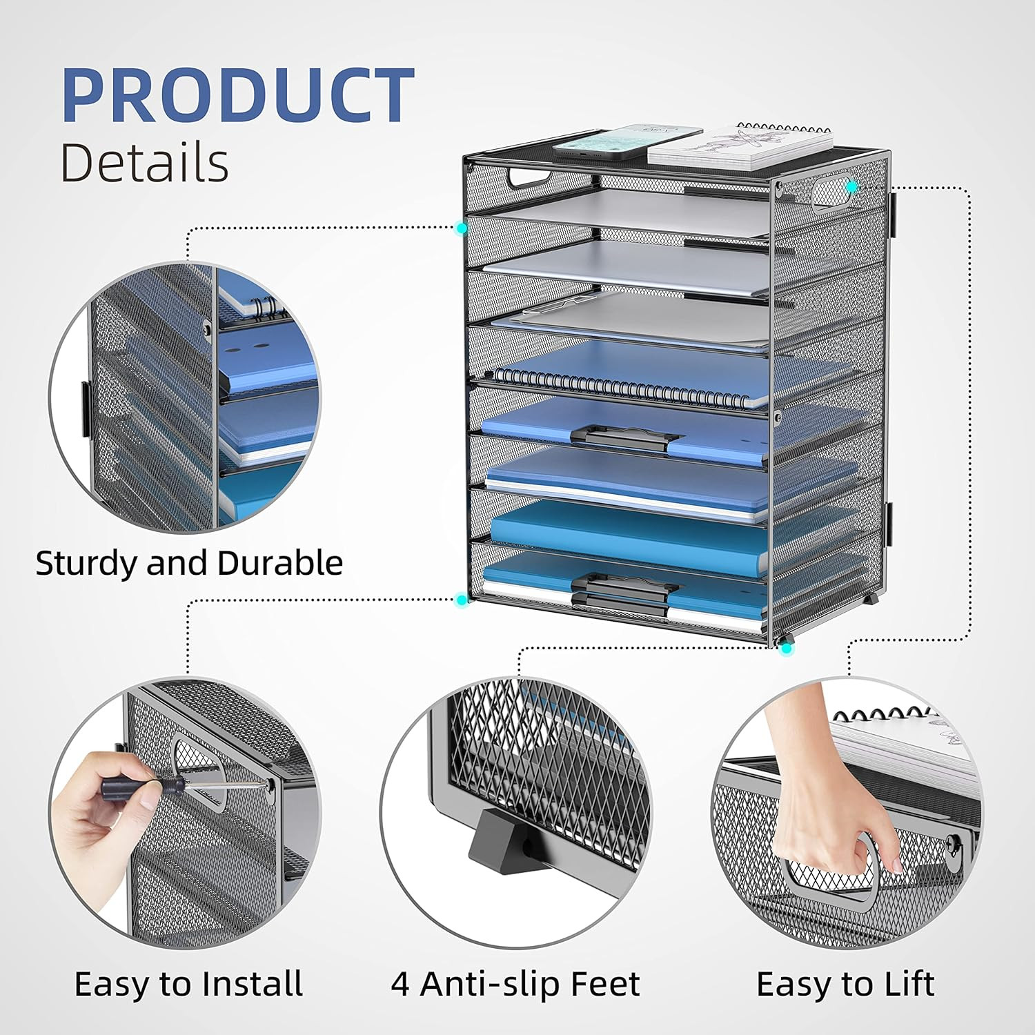 9-Tier Paper Organizer for Desk, Mesh Letter Tray Desk Organizer with Handles, S