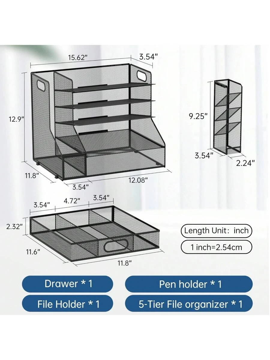 Desk Organizer 5-Tier Mesh File Tray Pen Holder Drawer Office Storage