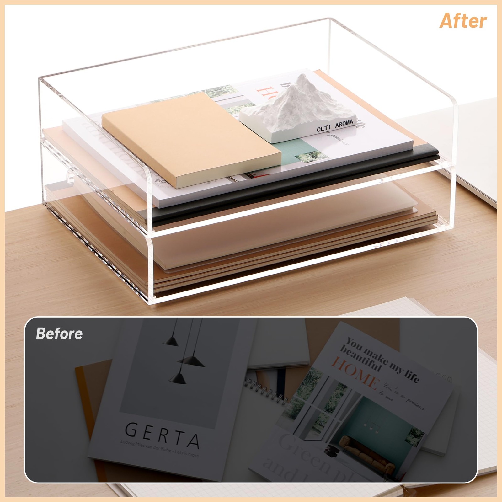 Acrylic Paper Tray Organizer, 2 Pack Stackable Desk File Holder