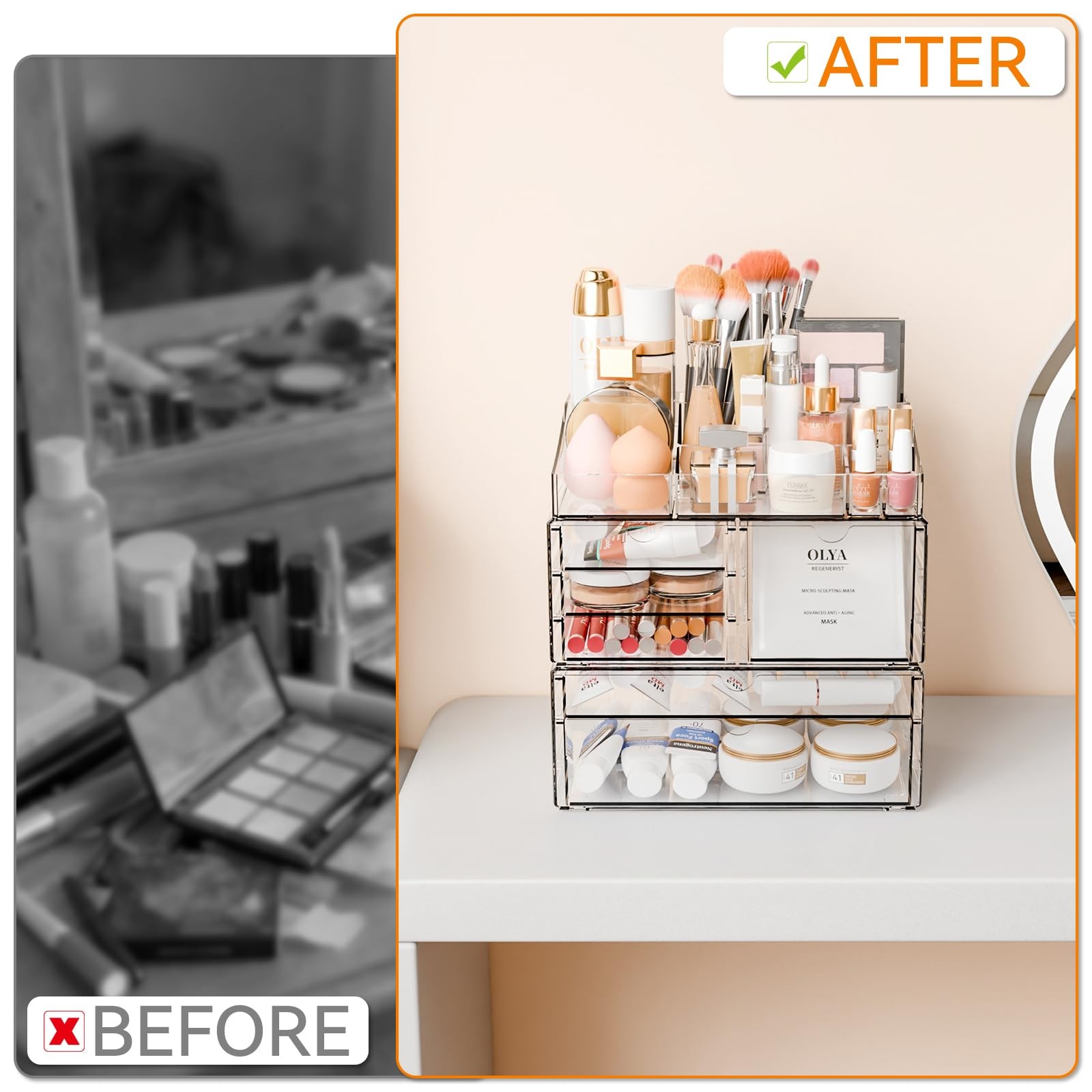 Yieach Acrylic Make up Organizers for Counter,Desk and 6 Drawers, Clear
