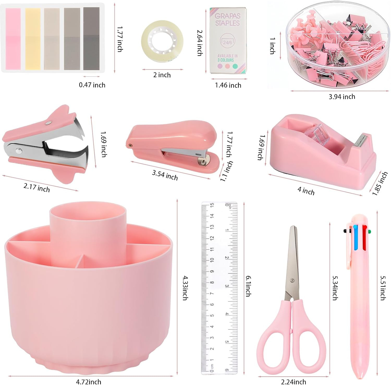 Pink Desk Accessories, 11Pcs Desk Organizer with 360°Rotating Pen Holder, Staple