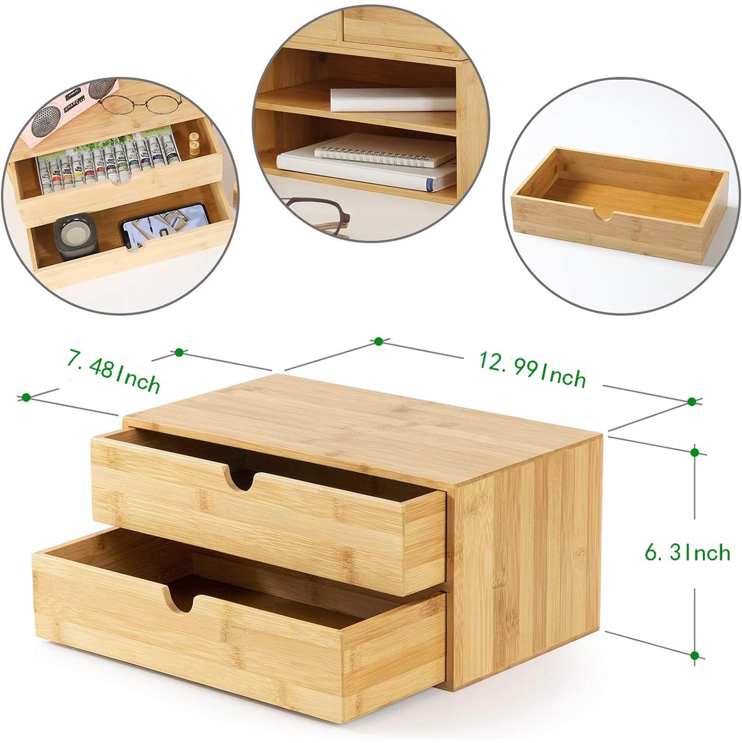 Bamboo Desk Drawer Organizer, 2~Drawer Desktop Storage for Office Home