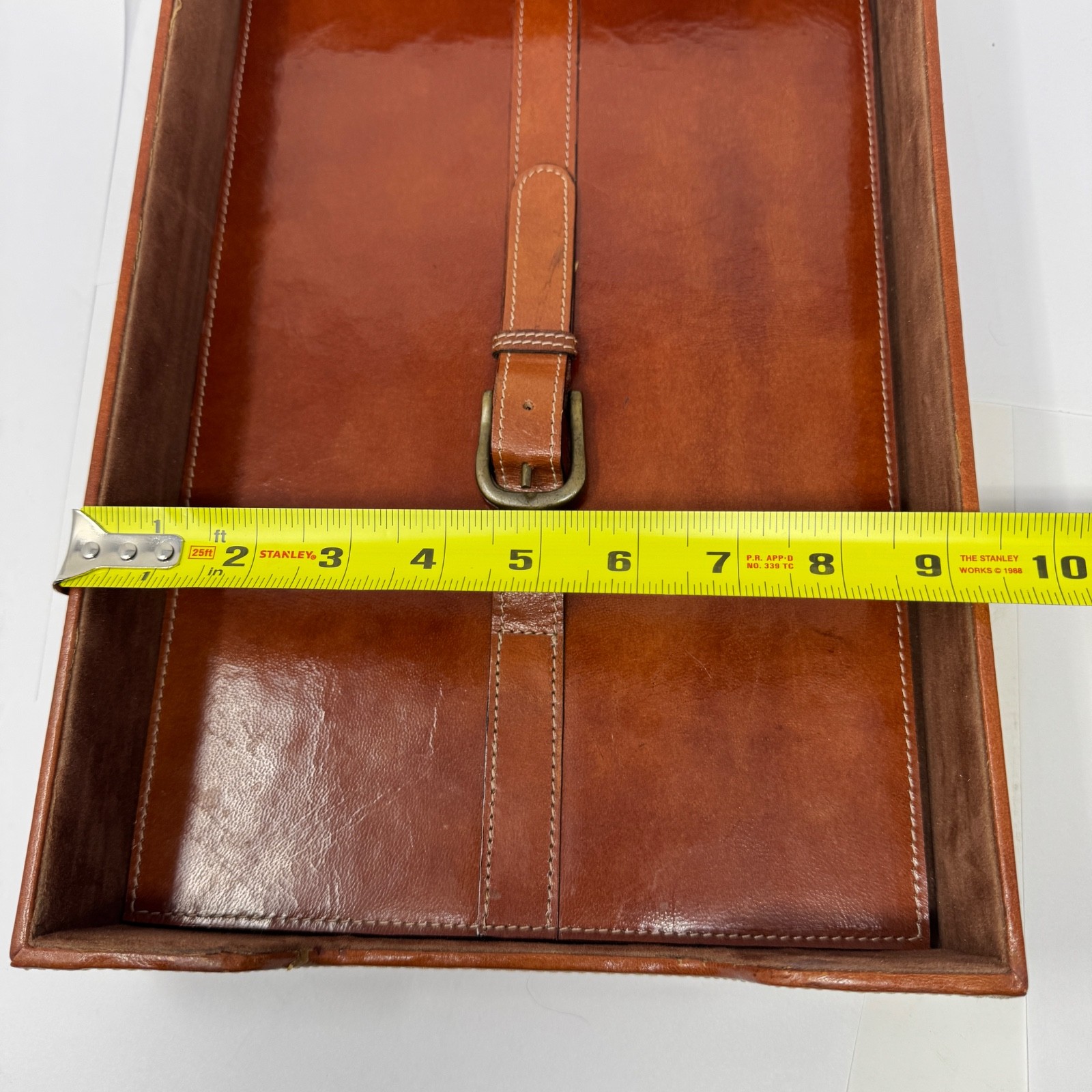 Brown Leather Letter Tray Desk Paper Organizer Belt Buckle Detail India 14×9