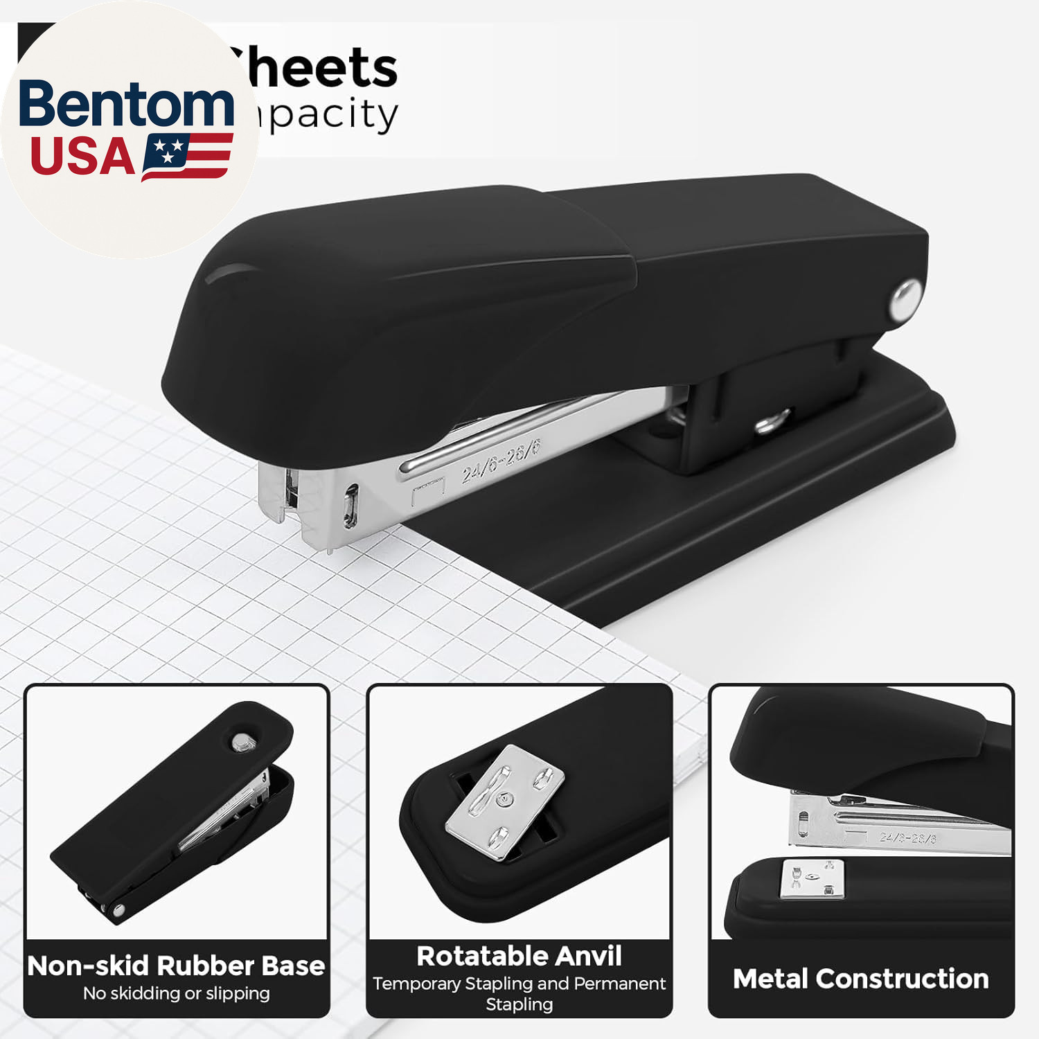 Black Office Supplies Set, Black Desk Accessories, Stapler, Tape Dispenser, Scis