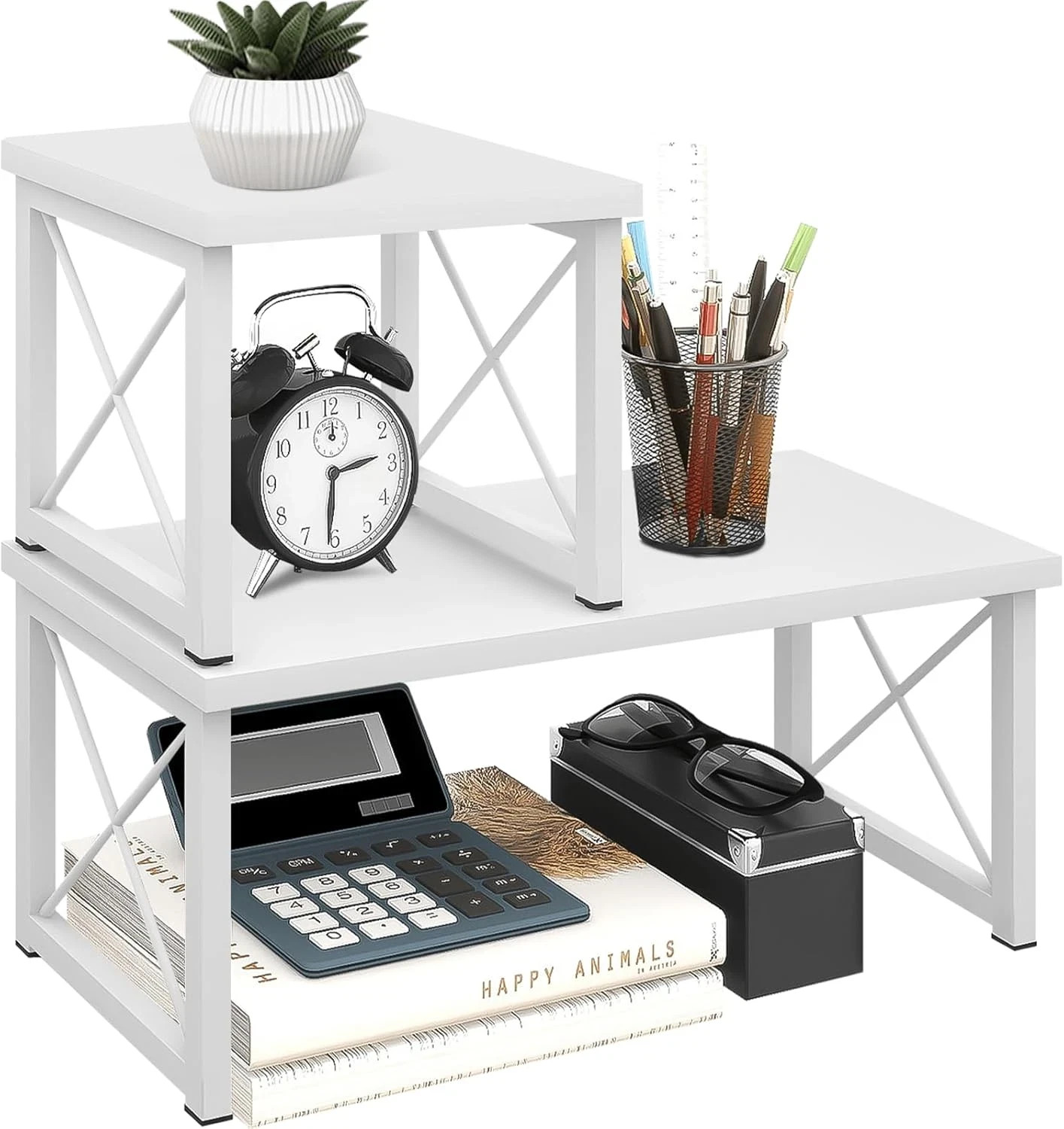 ELITEROO Wood Desktop Shelf 2 Tier Adjustable Stackable Desk Organizer White