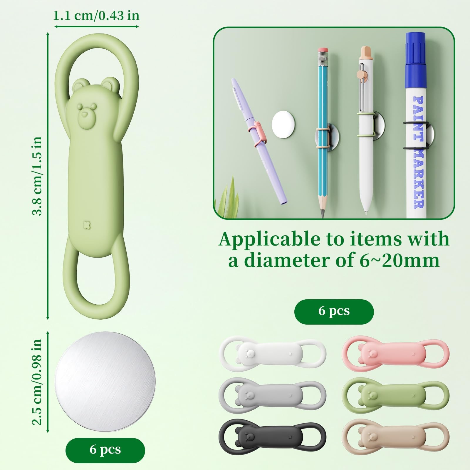 LUSTRIB 6 Pack Bear Magnetic Pen Holder, Silicone Adjustable Pencil Holder wi…