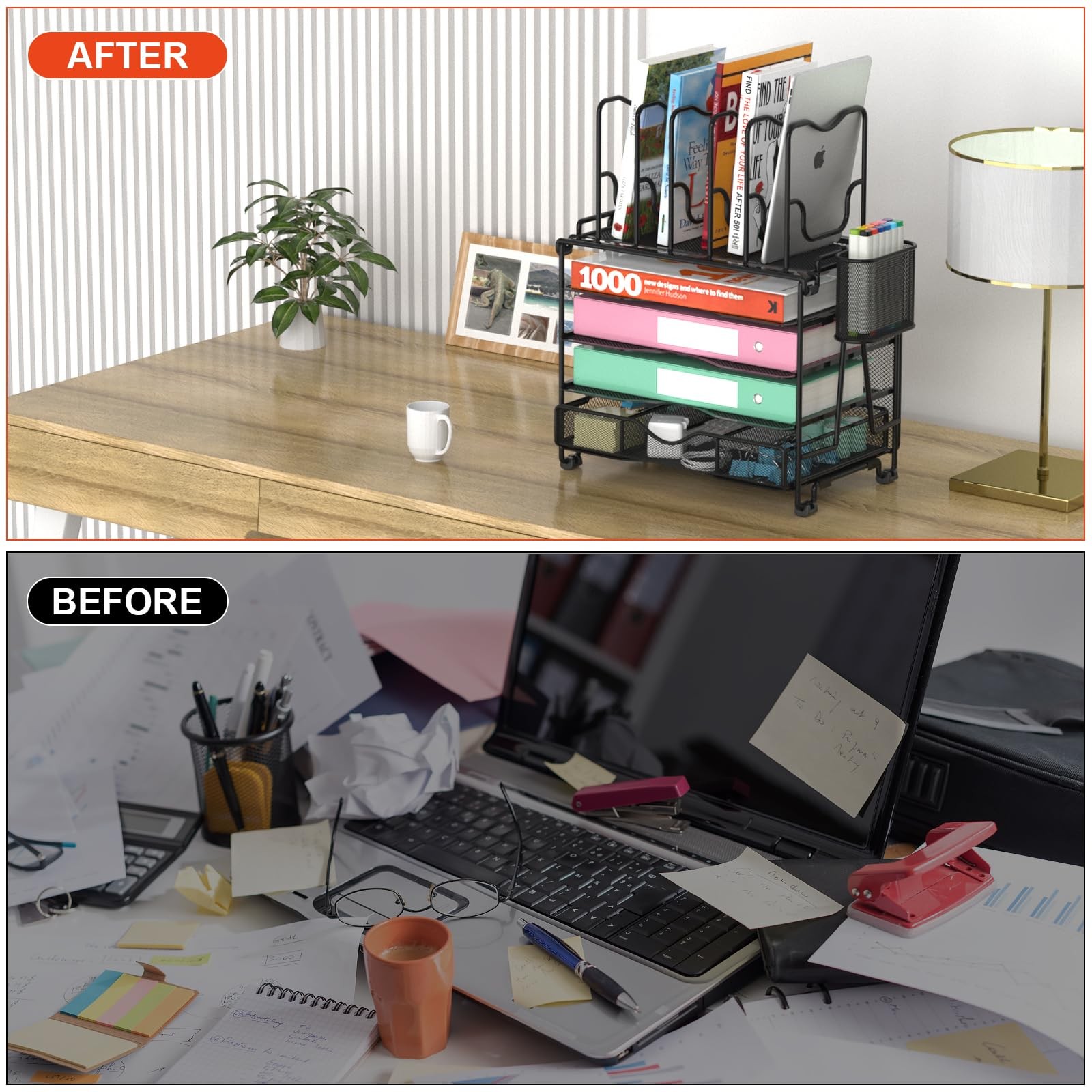 Mesh Desk Organizer 3-IN-1 Desktop with 4 Tier Tray and 5 Upright Sections File