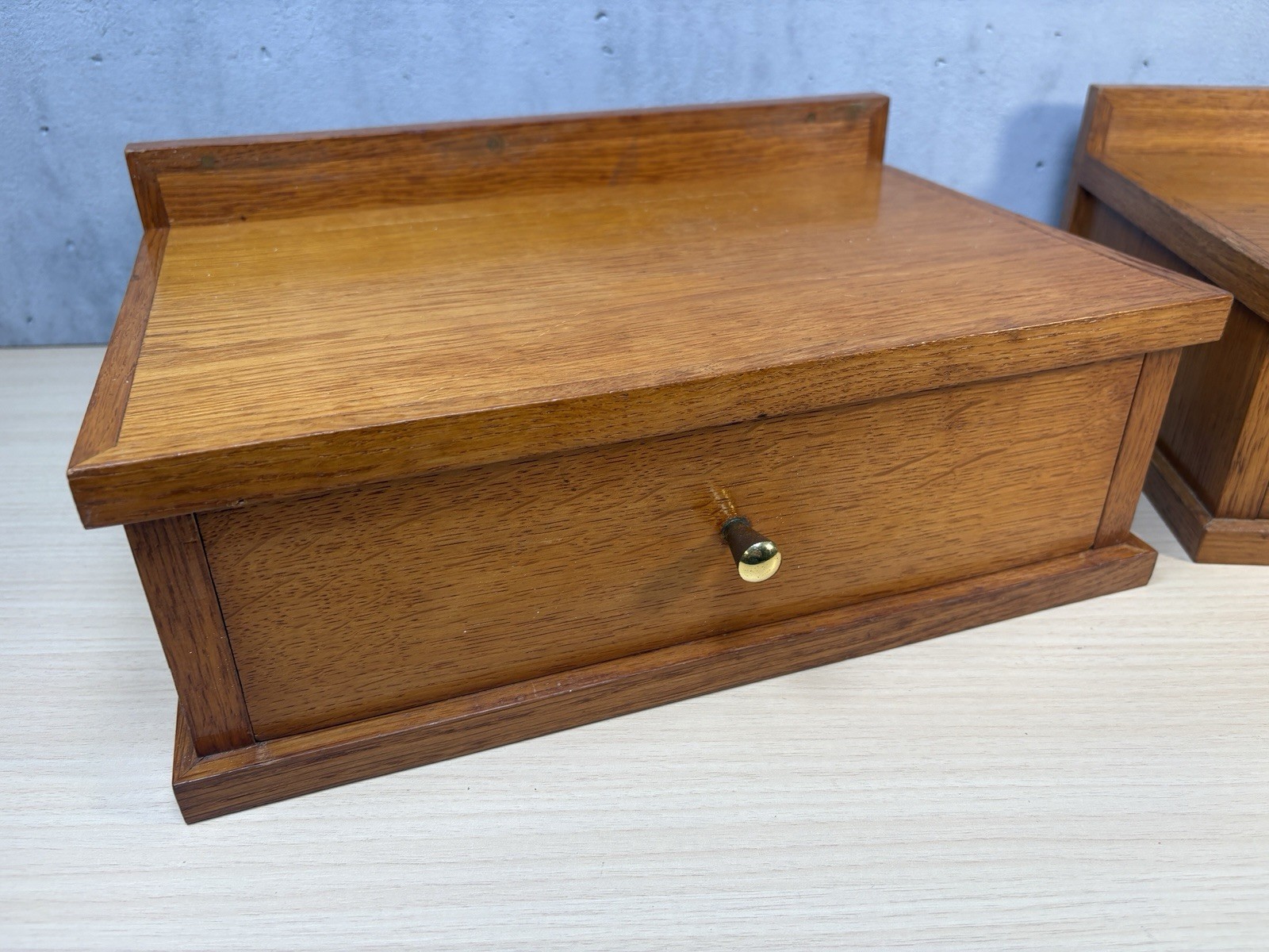 2 Vintage Scandinavian-style wooden shelf small desk organizer Brass Knob Oak