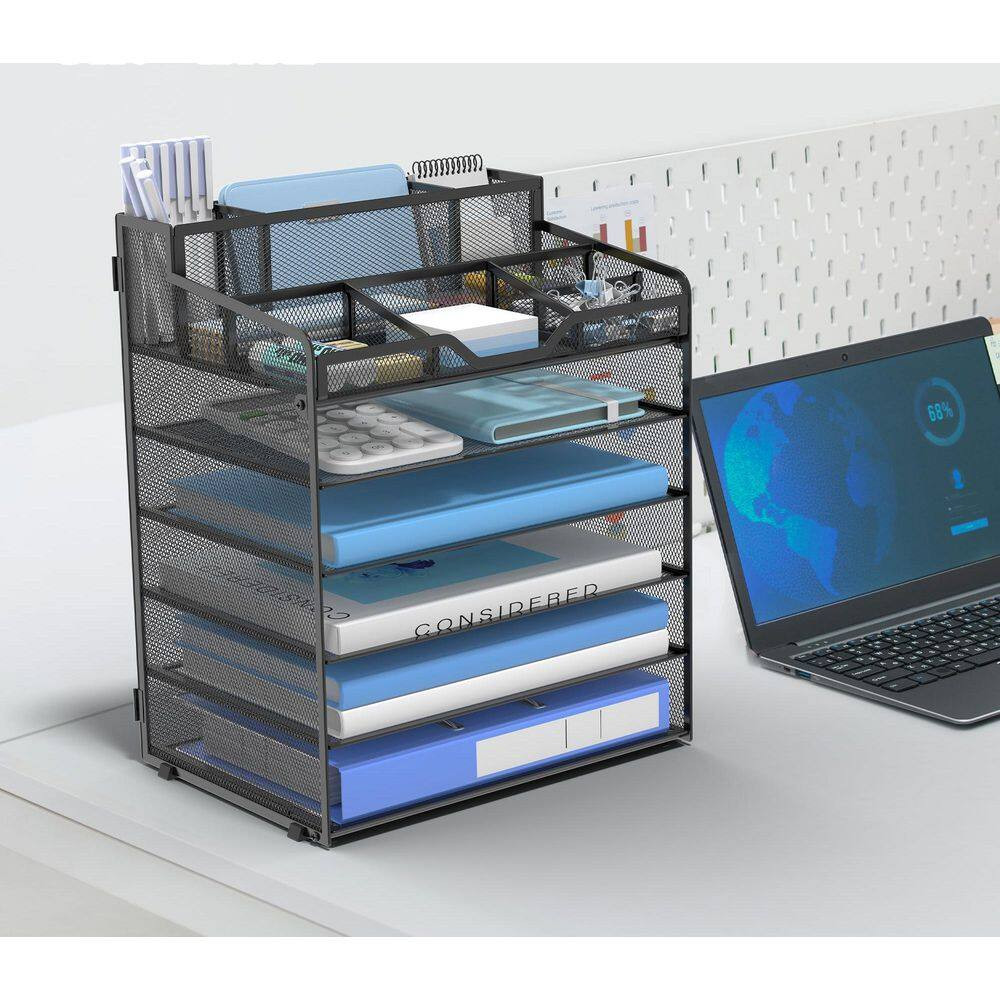 1 Pack 6-Tier Black Mesh Letter Tray Organizer with 3 Pen Holders and 5 Adjustab