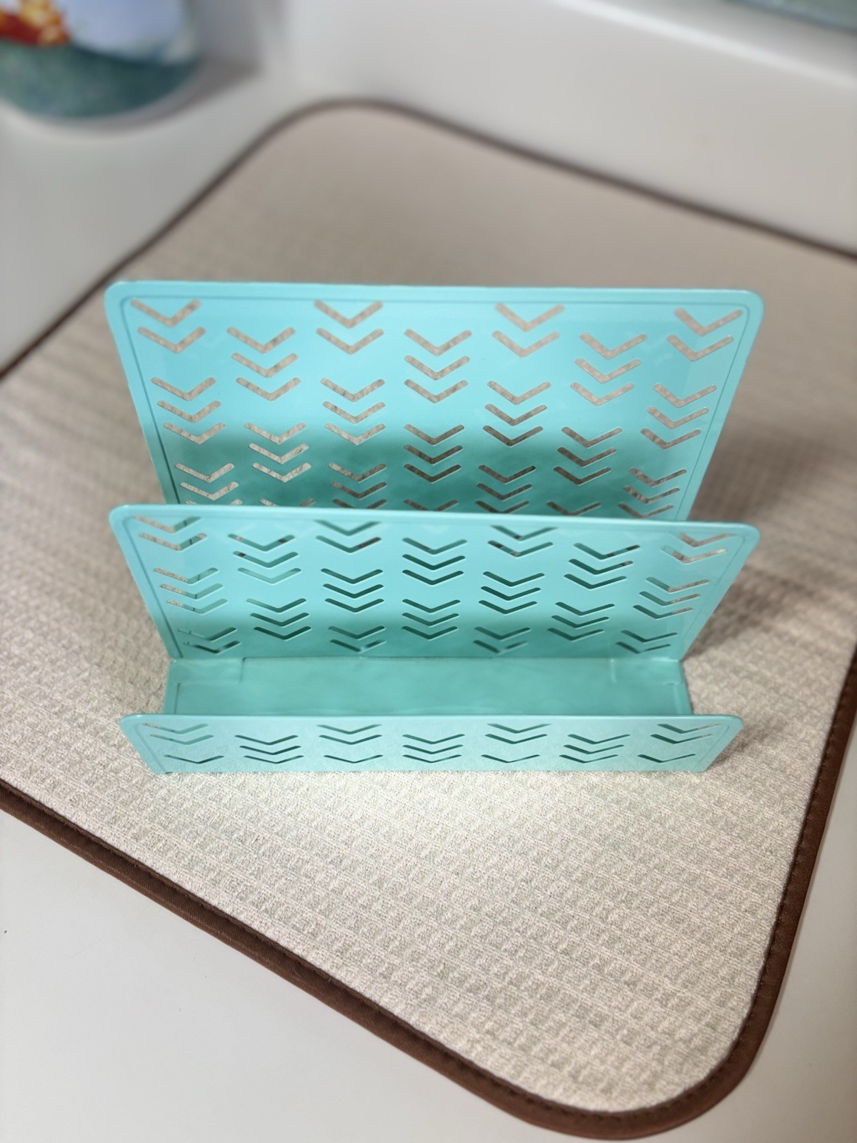Aqua/Teal Metal Desktop Organizer 3-Slot Letter Mail Paper Holder Chevron