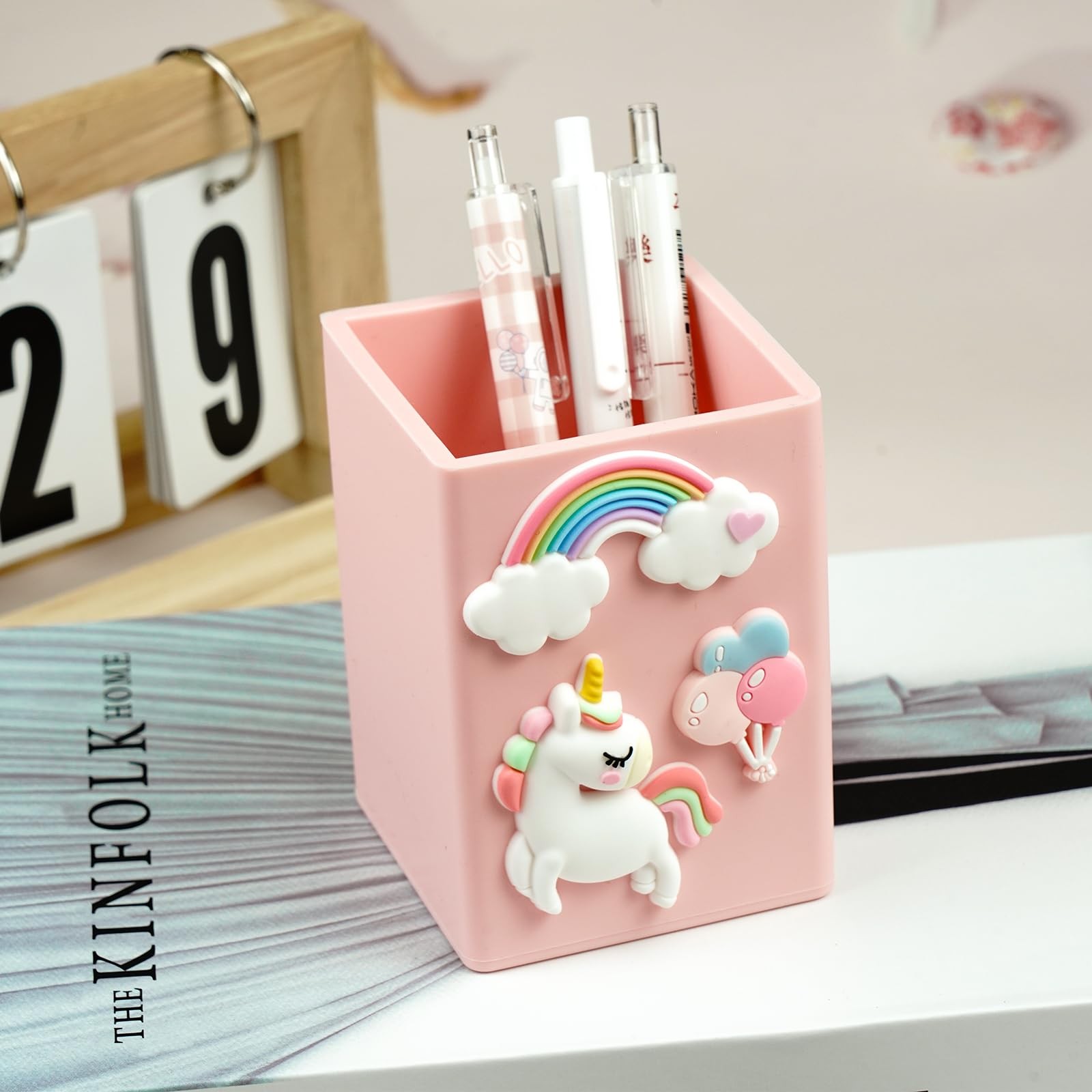 Cute Desk Pen Holder for Girls,Silicone Pink Aesthetic Pencil Cup Organizer f…