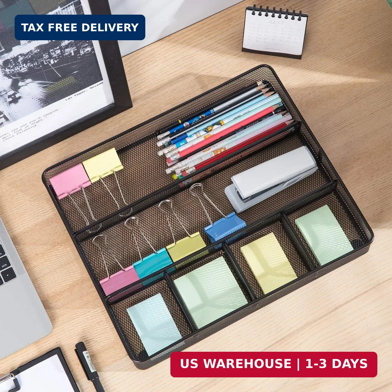 Amazon Basics Metal Mesh Desk Organizer with 6 Compartments, Anti-Slip Pen Holde