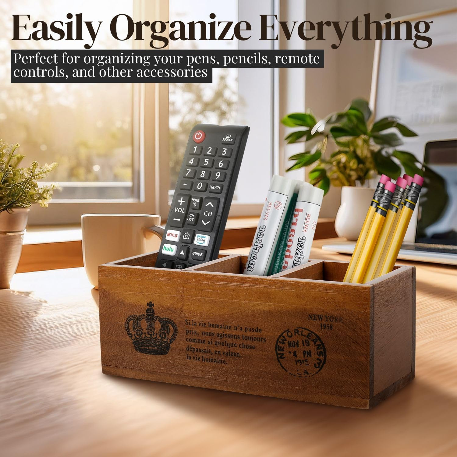 Rustic Wooden Pencil Holder for Office – 3 Compartments – Desk and Table Storage