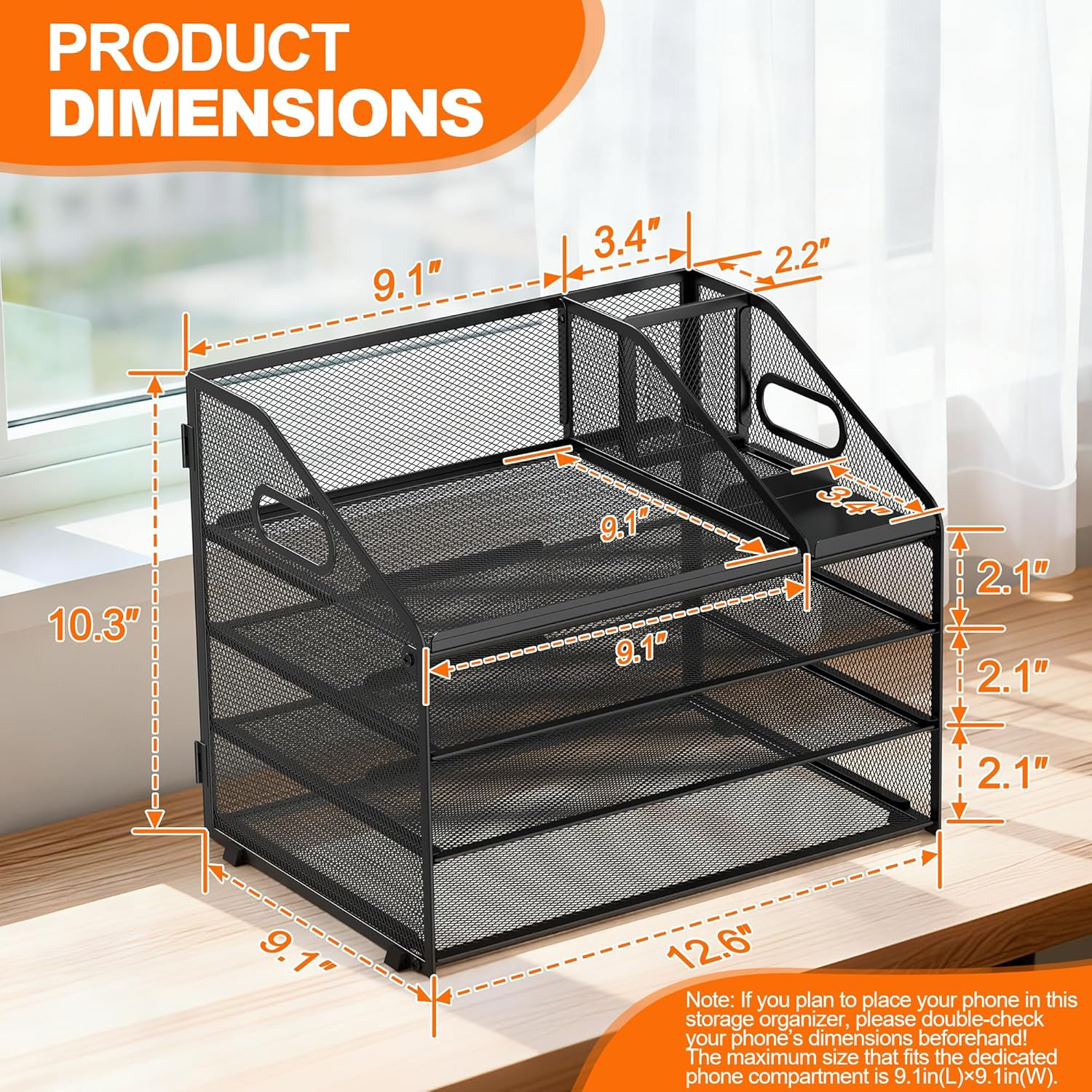 4 Tier Metal Mesh Letter Tray – Space Saving Desk File Organizer with Handle, Pe