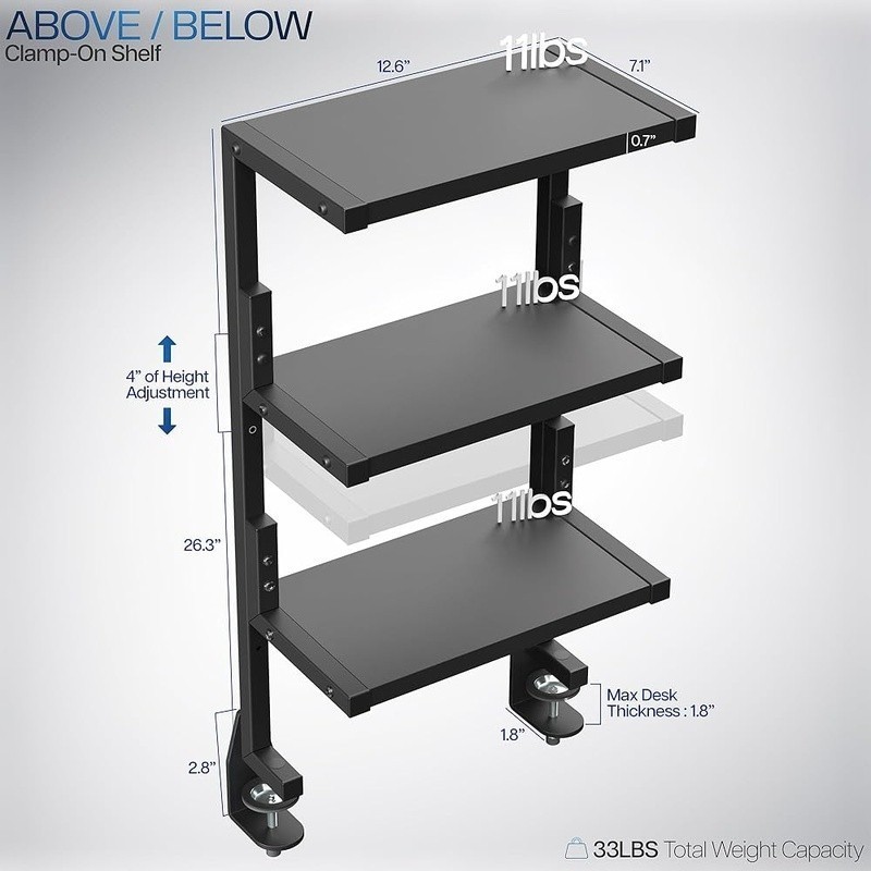 Clamp-On 3-Tier Desk Shelf Organizer Adjustable Storage Office Gaming Supplies