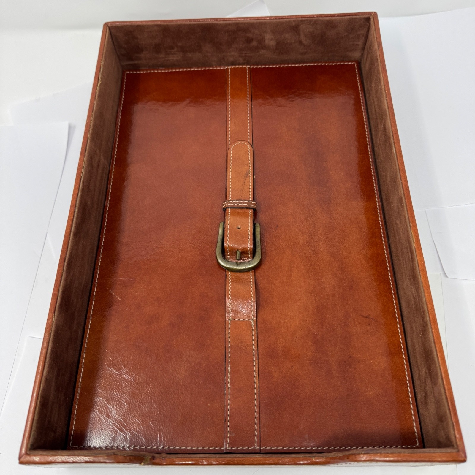 Brown Leather Letter Tray Desk Paper Organizer Belt Buckle Detail India 14×9