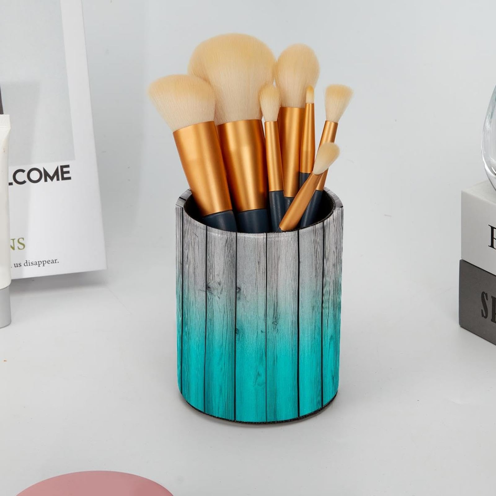 Pen Pencil Holder for Desk, Teal Rustic Wood Panels Makeup Brush Holders Leat…