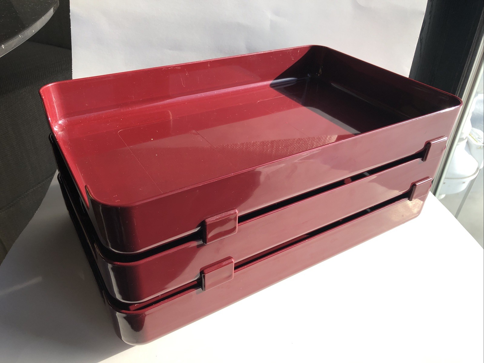 VTG 80s TENEX 200 Class Stacking Legal Size 3 Tier Office Desk Tray Set Burgundy
