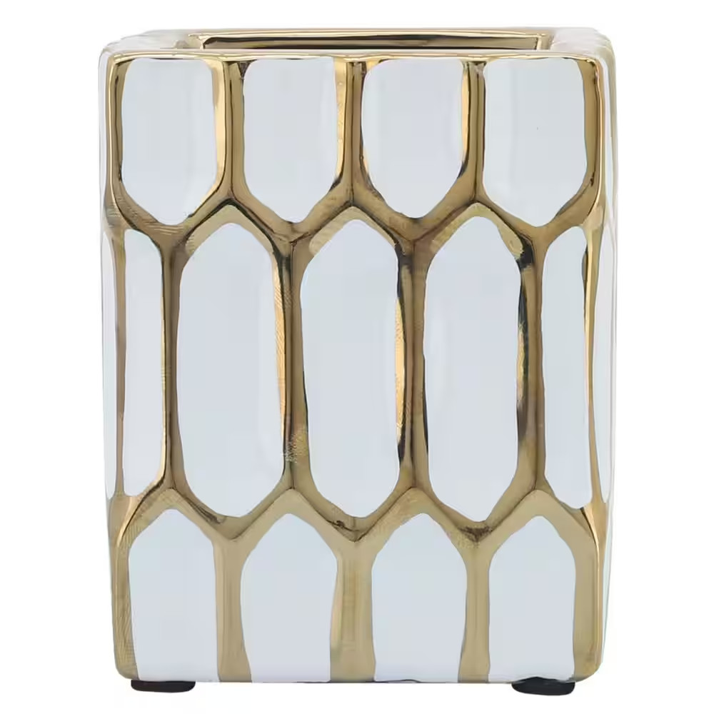 White Gold 3 In. X 4 In. Ceramic Square Pen Holder Desk Accessories with Dynasty