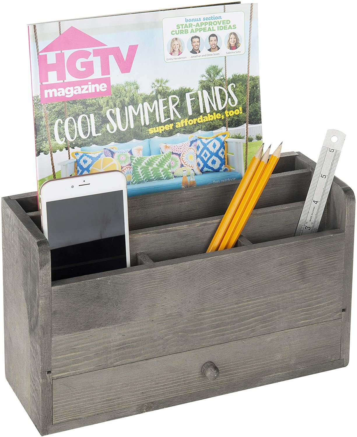 Rustic Gray Wood Desktop Office Document & Mail Organizer w/ Pull Out Drawer