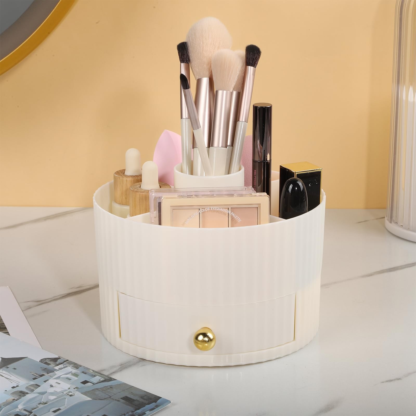 Makeup Brush Organizer Holder with 5 Slots and Drawer White