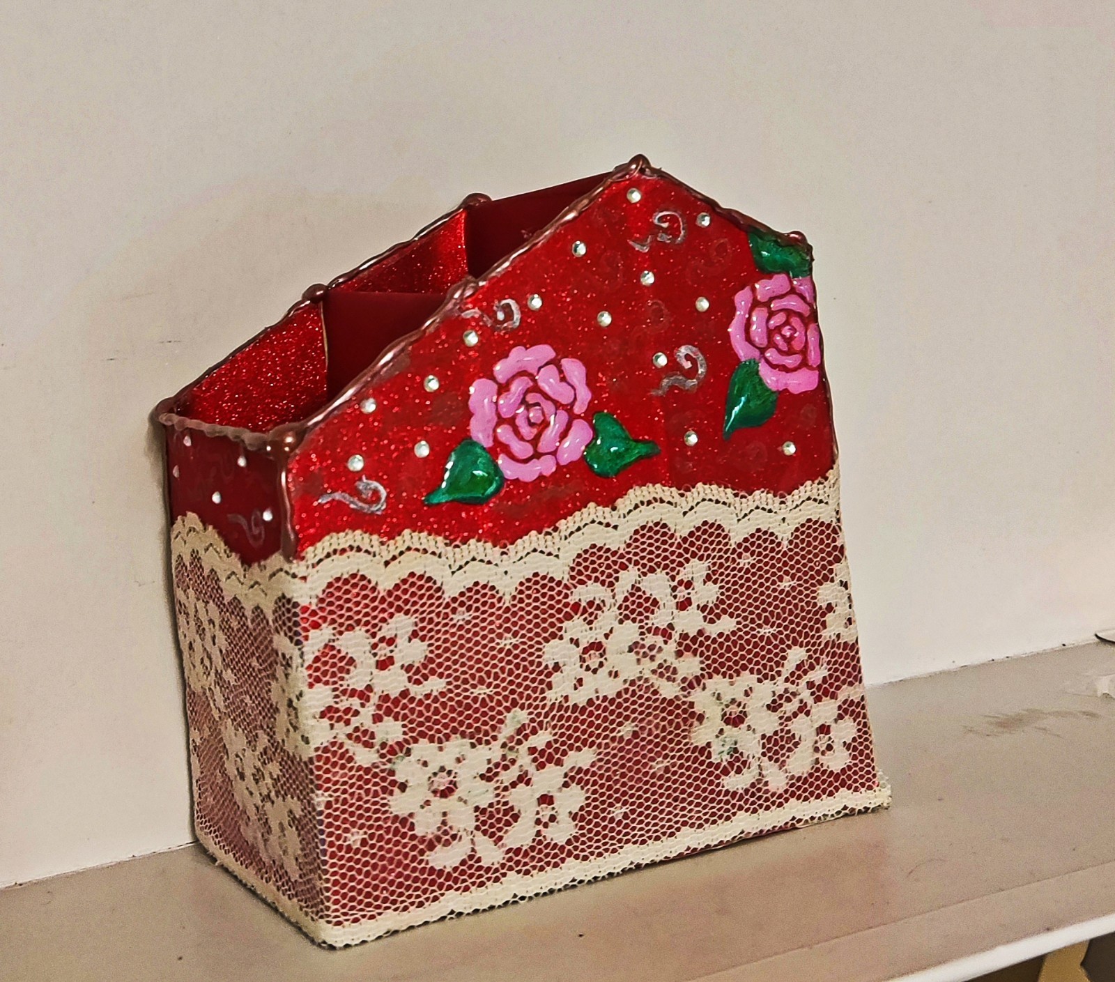 Audrey Grace Designs Sparkle Red Lace and Roses Handcrafted Desk Organizer