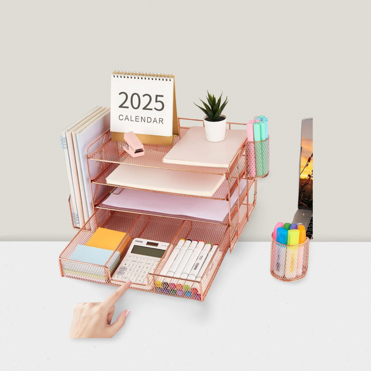 4-Tier Paper Letter Tray Organizer with File Holder Pen Holder Rose Gold
