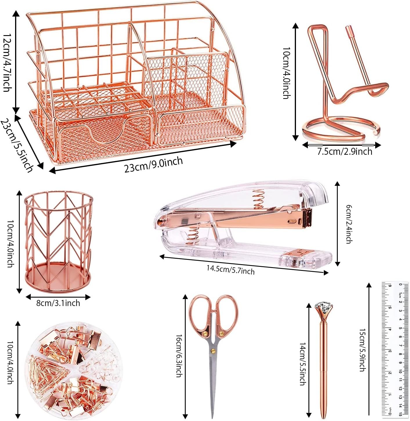 Elegant Rose Gold Desk Accessories Set: Includes Stapler, Clips & More