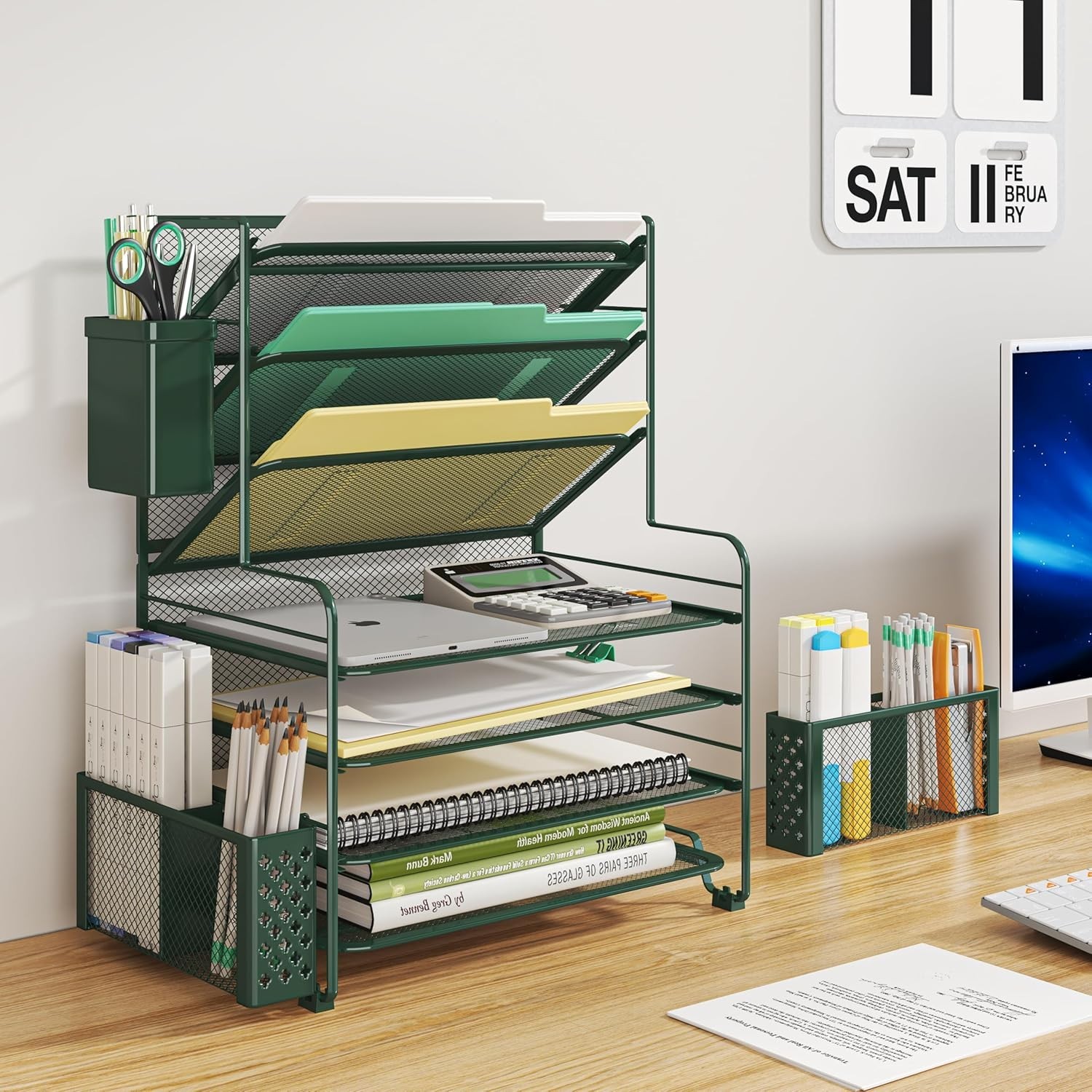 Multifunctional Desk Organizer with 7 Tiers for Papers and Office Supplies Green