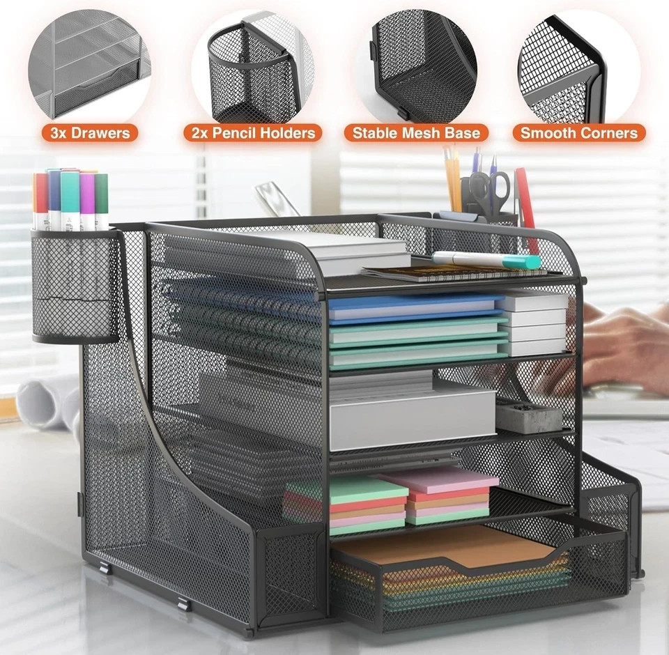 5 Tier Mesh Desktop Organizer System – Mail Folder Organizer Pencil File Holder