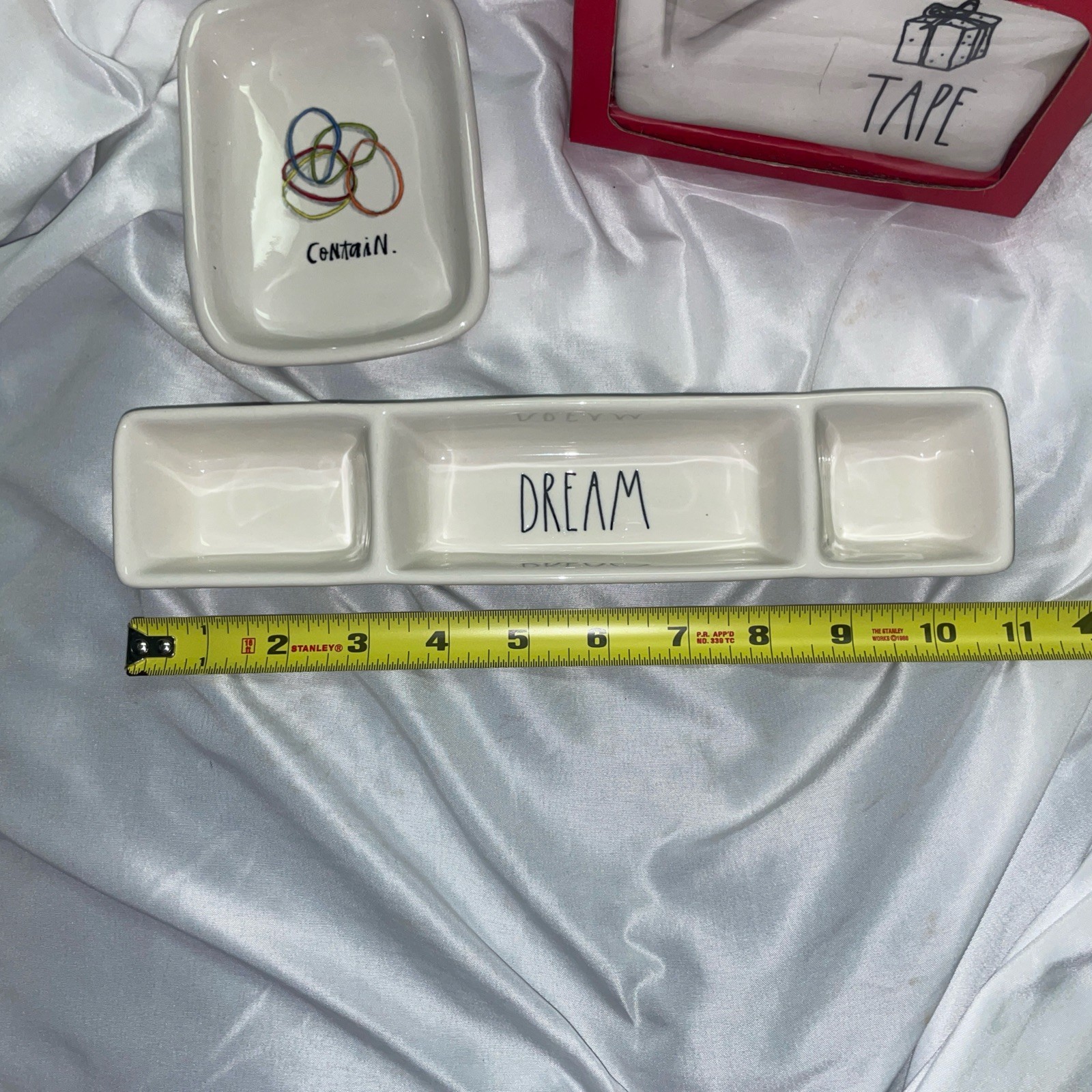 Rae Dunn TAPE Dispenser Rubber Band Tray And Paperclip Tack Tray Office Lot Rare