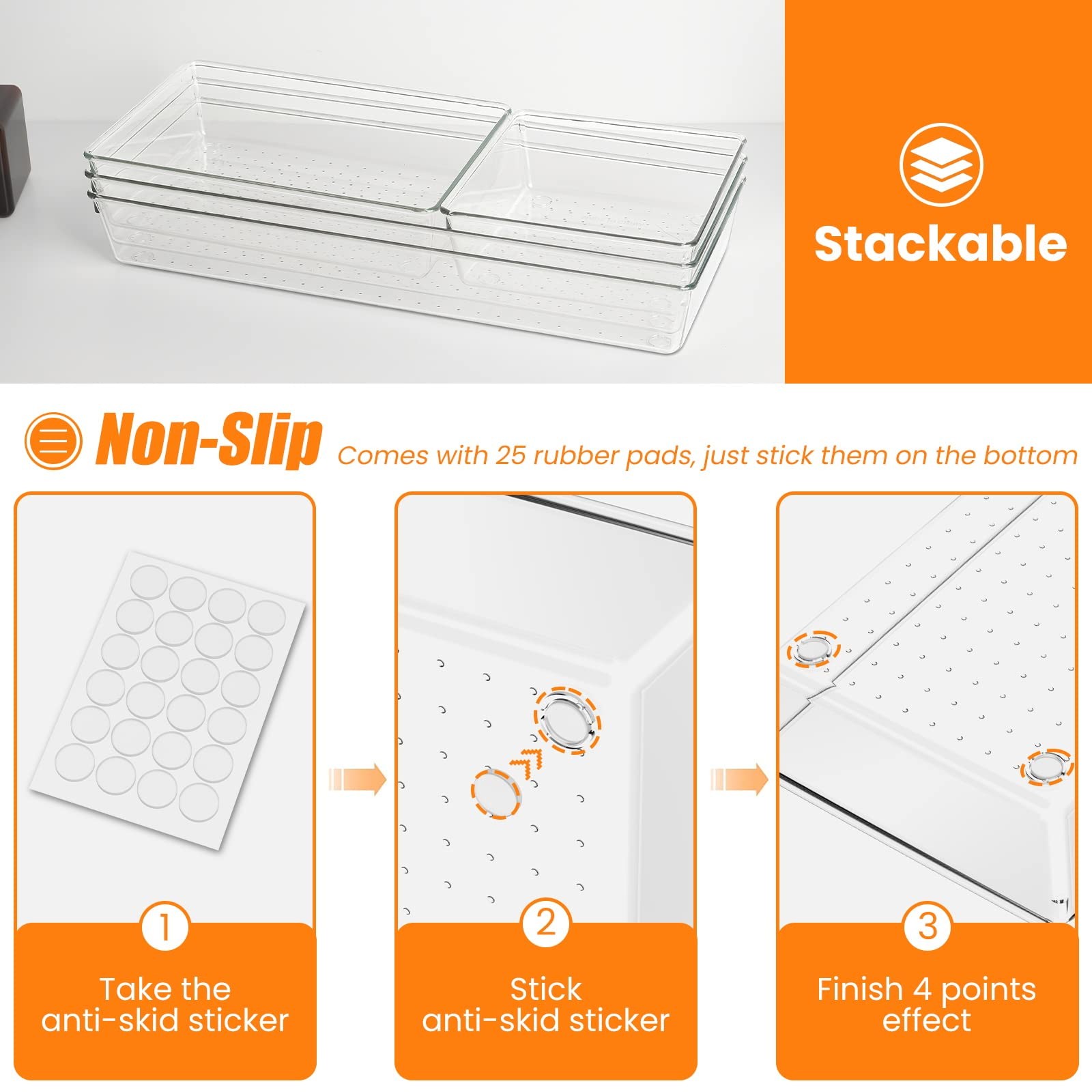 6 Pcs Large Size Clear Drawer Organizer Set, Acrylic Non Slip Non Cracking Ki…